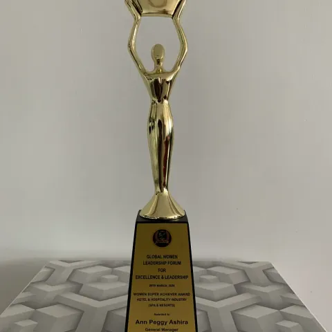 Gold figure trophy holding a crown